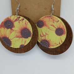 Handmade Stained Wooden Circle And Faux Leather Earrings Modern Brown Leather Earrings, Brown Wooden Earrings For Pierced Ears, Brown Round Wooden Jewelry, Brown Wooden Round Earrings, Bohemian Brown Wooden Earrings, Paper Jewelry, Yellow And Brown, Leather Earrings, Handmade Earrings