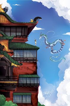 a dragon flying over a tall building in the sky