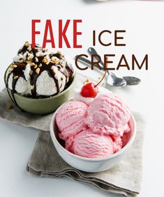 two bowls filled with ice cream next to each other on top of a napkin and spoon