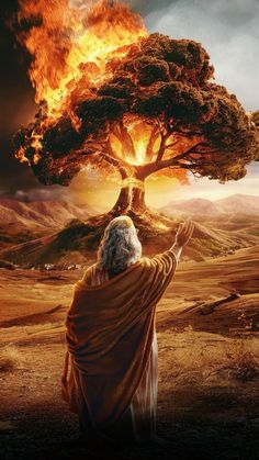 a man standing in front of a tree on top of a hill with fire coming out of it