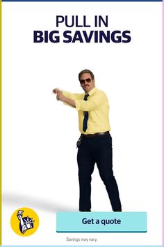 a man in a yellow shirt and tie pointing at something with the words pull in big savings