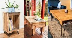 three different types of furniture are shown in this collage, including a coffee table and an end table