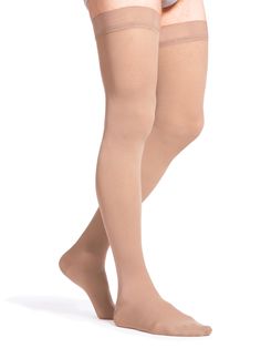 Man wearing Sigvaris Essential Opaque compression thigh-highs in the color Light Beige Solid Full-length Elastane Stockings, Compression Therapy, Comfort Series, Heavy Legs, Sheer Fashion, Top Band, Athletic Socks, Womens Maternity, Mens Essentials