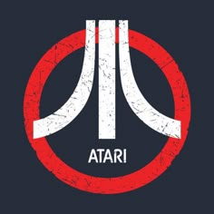 a red and white sign with the word atari in it on a black background