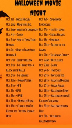 an orange halloween movie night poster with the words, list and instructions for each event