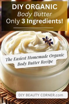 Create your own DIY organic body butter with just 3 natural ingredients! This non-greasy, homemade body butter recipe is super simple, using shea butter and essential oils to deeply nourish and hydrate your skin. Perfect for an all-natural skincare routine or as a thoughtful handmade gift! #DIYBodyButter #OrganicBodyButter #NaturalSkincare #SheaButter #DIYBeauty #BodyButterRecipe Homemade Body Oil Diy, All Natural Body Butter Recipe, Homemade Lotions And Creams, Diy Lotions And Body Butters, Shea Butter Whipped Diy, Natural Whipped Body Butter, All Natural Diy Products, How To Make Shea Butter Cream, Honey Body Butter Recipe