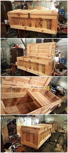 several different pictures of wooden boxes in the process of being assembled