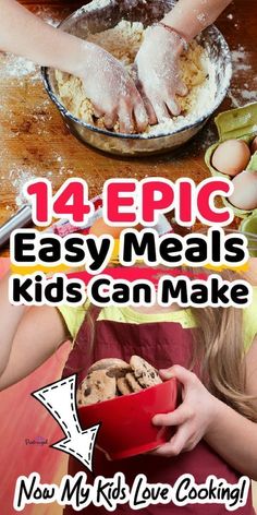 Your kids will love learning these 14 easy meals for kids from Pint-sized Treasures! These are simple, fun meals that kids can make! Kids can cook! It is a life skill that they can learn; they need to be taught. Help them with these simple meals. Eventually, your kids will love cooking!