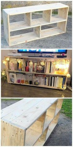 an old entertainment center is transformed into a bookcase with pallet boards and lights