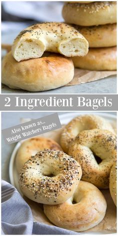 bagels with sesame seeds and poppy seed sprinkled on them are shown in three different views