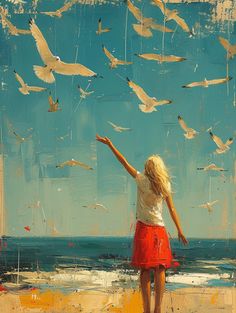 a painting of a girl on the beach with seagulls in the sky above her