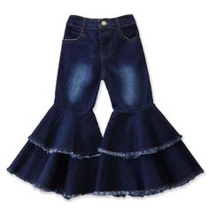 Denim Fringed Hem Flared Pants Blue For Girls Cowgirl Outfits Pink, White Maternity Dresses, Bell Bottom Trousers, Trouser Outfit, Denim Flare Jeans, Cowgirl Outfits, Year 1, Bell Bottom Pants, Pink Kids