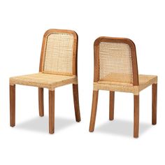 two chairs made out of wood and wicker, one with the back turned down