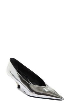 A wedge-inspired heel and tastefully dipped topline enhance the sculptural silhouette of a pointy-toe pump fashioned in Italy from metallic faux leather. 2 1/4" (55mm) heel Synthetic upper/leather lining and sole Made in Italy Designer Shoes Mirror Silver, Silver Mirrors, Leather Pumps, Pump Shoes, Women's Pumps, Designer Shoes, Wedges, In Italy, Faux Leather