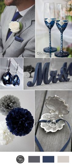 the color scheme is blue and gray with white flowers, wine glasses, and groom's boutonnieres