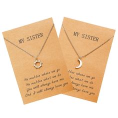 PRICES MAY VARY. Necklace Gift for Sisters: Celebrate sisterhood with this pair of sun and moon necklaces that tell her that wherever you are, you are as eternal in each other's hearts as the sun and moon. Material: made of 316L stainless steel, 18k real gold plating, no fading, non-allergic material, can be worn for a long time. Size:The maximum size of the sun and moon pendant is 0.38 inches, necklace length is 18"+2"extension. Handmade Gifts with Love: This pair of sun and moon necklaces come Best Friend Necklaces For 2, Sun And Moon Matching, Sister Necklaces For 2, Bff Necklace, Bff Jewelry, Sun And Moon Necklace, Best Friends Sister, Friendship Necklace, Bff Necklaces