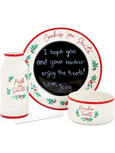 a white and red christmas dinnerware set with an inscription on the plate that says, i hope you and your reindeer enjoy the treats