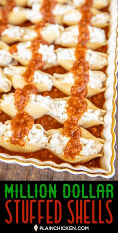 an image of stuffed shells with sauce and cheese on top in a baking pan for dinner