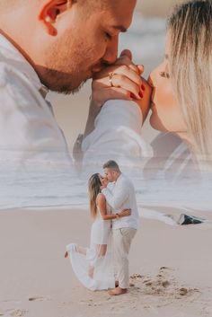 a man and woman kissing on the beach with their hands in each others'mouths