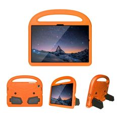 an orange tablet with two handles and some other accessories