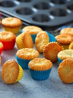 muffins and cupcakes are lined up on the counter