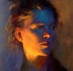 an oil painting of a woman's face with blue and yellow light coming from her eyes