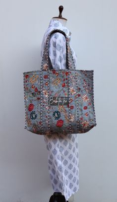 "cotton quilted  Jhola Bag made by Indian Artisans, this cotton quilted shopping bag is totally unique and multi purpose. Use this for your grocery or as a travel bag. Perfect to suit all. Size in Inch:- Height-19\" inch Width- 25\" inch Handle-11\" inch Size In CM:- 40x40x13 cm Handle height- 35 cm Material: 100% Cotton Pattern: Quilted Style: Ethnic Product Work: Printed & quilted Stitched Usage : Cosmetic, Make-up, Travel, Toiletries, Medicine, Accessories, Shopping and much more. Perfect for Quilted Cotton Shoulder Bag For Daily Use, Hippie Bags, Quilted Totes, Handmade Gift Wrap, Painted Books, Sustainable Gifts, Kids Items, Vintage Kantha, Travel Toiletries