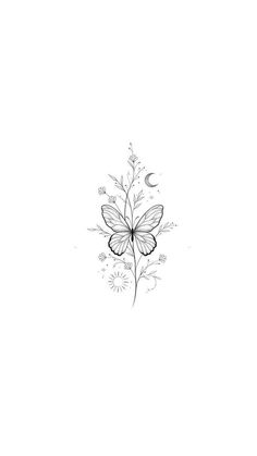 a black and white drawing of a butterfly on a flower