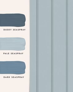 four shades of blue paint with the words dusty, sea spray and pale seaspray