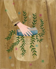 a painting of a person's hand in a pocket with green leaves on it