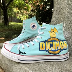 High Top Anime Converse Shoes Digimon Hand Painted Canvas Sneaker Anime Converse, Painted Sneakers, Top Anime, Painted Canvas, Hand Painted Canvas, Hand Painting, Canvas Sneakers, Crafts Supplies, Digimon