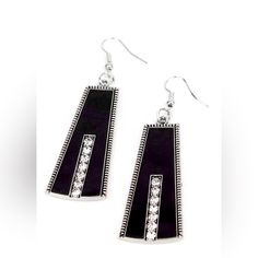 Beautiful Art, Deco Style, Black, And Silver Tone, Rhinestone Studded Earrings Black Rhinestone Dangle Jewelry, Black Dangle Rhinestone Jewelry, Black Dangle Jewelry With Rhinestones, Silver Jewelry With Black Enamel For Party, Party Jewelry In Silver With Black Enamel, Elegant Black Bling Earrings, Black Earrings With Rhinestones For Gift, Gift Black Earrings With Rhinestones, Studded Earrings