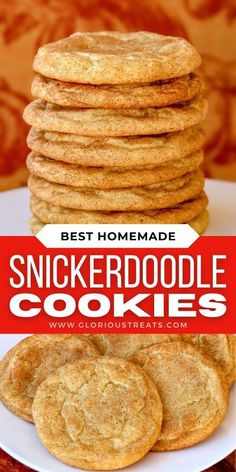 the best homemade snickkerdoodle cookies are on a white plate with red lettering