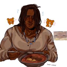 a man with long hair holding a plate of food