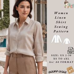 Women  Linen Shirt Sewing Pattern, Boho Linen Blouse, Linen Shirt, Loose fit Shirt for women, easy summer blouse pattern ⭐US Sizes: 2, 4, 6, 8, 10, 12, 14, 16, 18, 20, 22, 24, 26, 28, 30 ⭐Standard Sizes: XS, S, M, L, XL, 2XL, 3XL, 4XL ⭐These patterns are suitable for A4, A0, and US Letter size papers. ⭐Once your payment is processed, you will automatically receive download links for the pattern files. Please note that you can only download the files from a computer; they will not work on a phone or iPad. ⭐This is a digital product. You will receive zip files containing the patterns and sewing instructions. ⭐Due to the nature of digital downloads, no refund, return, or exchange of the files is possible. However, if you experience any problems with the files, please contact us, and we will a Linen Shirt Sewing Pattern, Summer Blouse Pattern, Linen Shirt Pattern, Women Linen Shirt, Womens Blouse Pattern, Shirt Patterns For Women, Shirt Patterns, Shirt Tutorial, Shirt Sewing