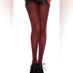 One Size Music Legs Plaid Pantyhose, New In Package Tight Red Bottoms For Night Out, Tight Leggings, Hosiery, Black Red, Tights, Black And Red, Socks, Plaid, Women Accessories