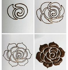 four different images of chocolate flowers with swirls in the middle and one on top