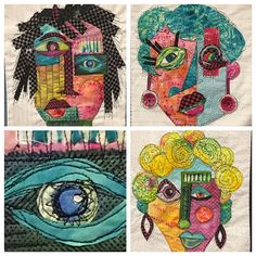 four pictures with different designs on them, each depicting an individual's face and eye