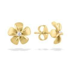 14K Yellow Gold Plumeria Stud Earrings with 0.04 Carats (total weight) of Diamonds. The earrings measure approximately 3/8" in width. Yellow Gold Round Flower Earrings With Prong Setting, Formal Yellow Gold Flower Earrings With Prong Setting, Yellow Gold Round Flower Earrings For Anniversary, 14k Yellow Gold Flower Earrings For Anniversary, 14k Yellow Gold Pierced Diamond Earrings, Classic 14k Yellow Gold Cluster Earrings, 14k Yellow Gold Flower Earrings Fine Jewelry, Pierced Yellow Gold Diamond Earrings In Sterling Silver, Pierced 14k Yellow Gold Cluster Earrings