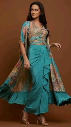 Draped Sarees, Dresses Office, Cape Tops, Halter Blouse, Draping Fashion, Aqua Fabric, Trendy Dress Outfits, Ghagra Choli