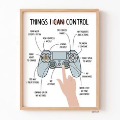 a poster with the words things i can control in front of a hand holding a video game controller