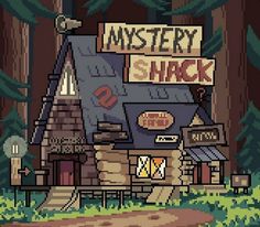 a pixel art house in the woods with a sign that says mystery shack on it