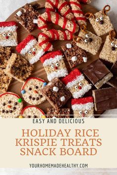 holiday rice krispie treats snack board with text overlay