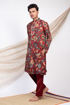 Maroon full sleeves kurta with all over Noor Gul kalamkari print and zardozi highlights on the placket. Paired with a self color pant. - Aza Fashions Cotton Bandhgala With Zari Work And Long Sleeves, Cotton Long Sleeve Bandhgala With Zari Work, Cotton Long Sleeve Bandhgala For Diwali, Multicolor Printed Motifs Long Sleeve Kurta, Long Sleeve Multicolor Kurta With Printed Motifs, Multicolor Long Sleeve Kurta With Printed Motifs, Red Bandhgala For Eid, Long Sleeve Multicolor Printed Motifs Kurta, Red Long Sleeve Bandhgala For Eid