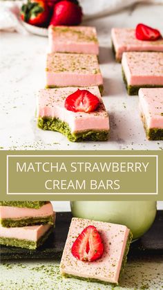 matcha strawberry cream bars with strawberries on top