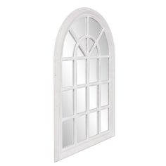 an arched window with white paint on the outside and glass in the top half, against a white background