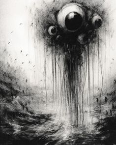 an eyeball floating in the air above water with birds flying around it and dripping from its eyes