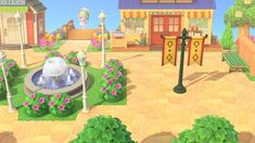 an animal crossing game is shown in the middle of a park with flowers and trees