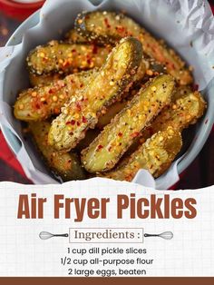 air fryer pickles in a bowl with seasoning on the side and text overlay that reads, air fryer pickles ingredients