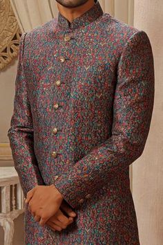 Shop for Vanshik Blue Woven Bandhgala Set for Men Online at Aza Fashions Designer Multicolor Sherwani For Festive Occasions, Multicolor Unstitched Sets For Formal Occasions, Multicolor Unstitched Formal Sets, Designer Fitted Multicolor Traditional Wear, Designer Multicolor Traditional Wear For Eid, Multicolor Bandhgala With Zari Work For Ceremonial Occasions, Multicolor Ceremonial Sherwani For Festivals, Ceremonial Multicolor Sherwani For Festivals, Multicolor Bandhgala For Ceremonial And Festive Occasions